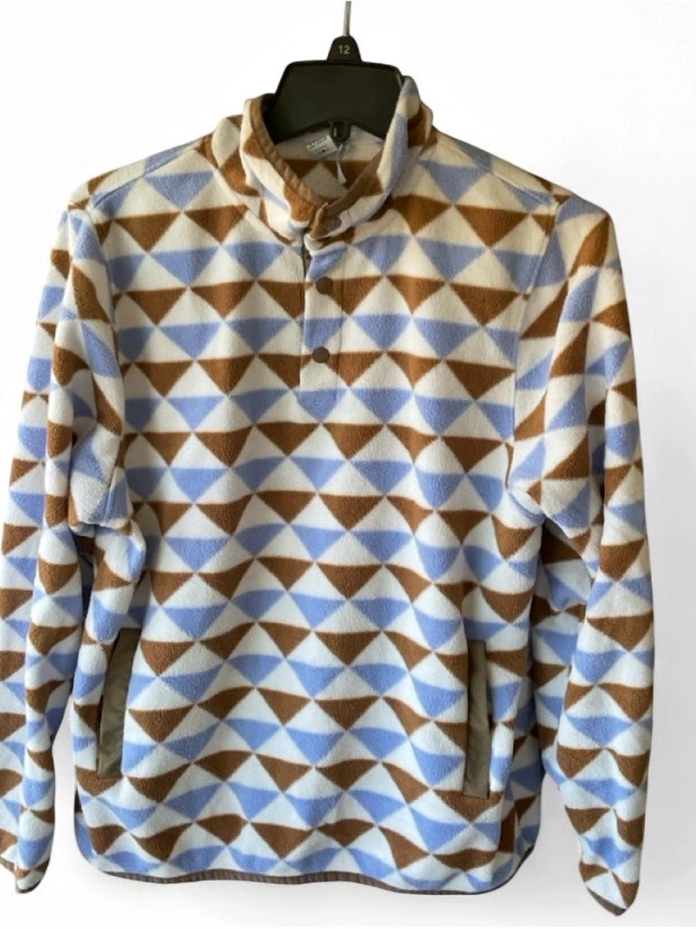 TWIK Geometric Fleece Lightweight 1/4 Quarter Zip Pullover Blue Brown SMALL